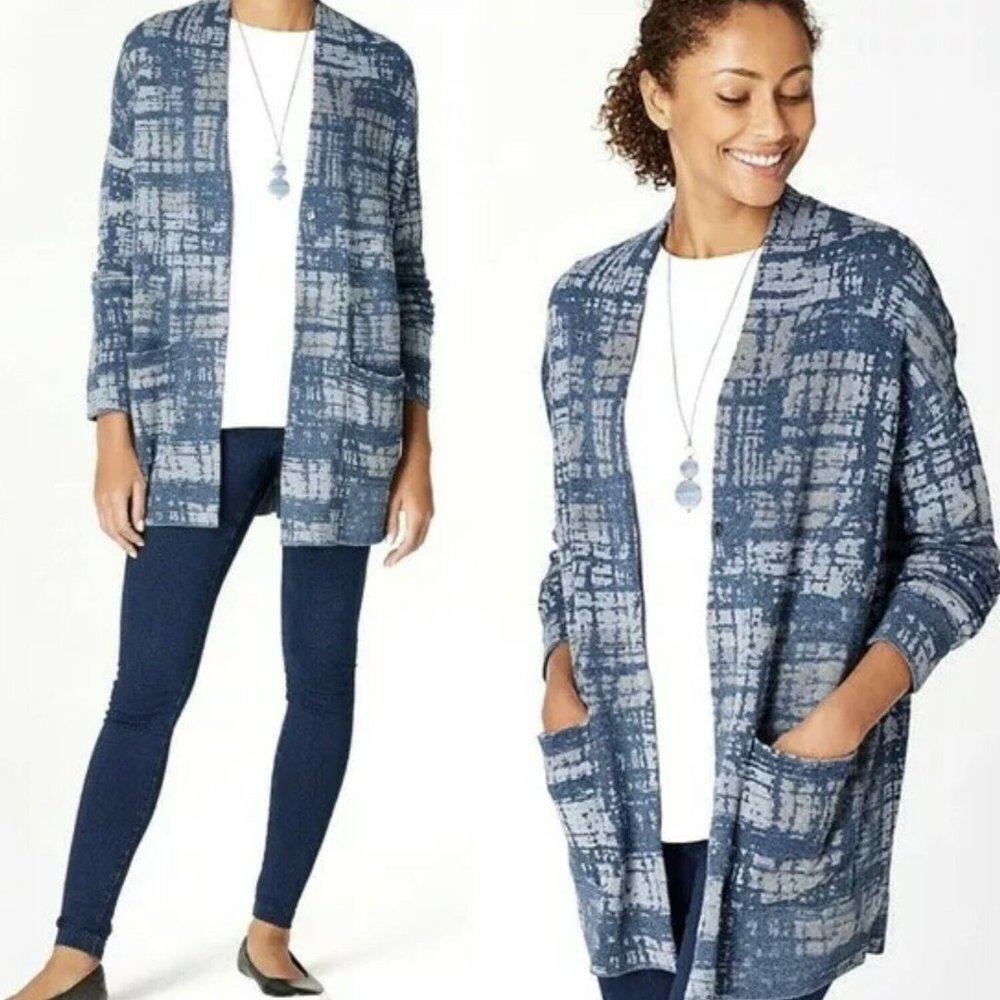 J. Jill Pure Jill indigo Blue Art To Wear Abstract Sweater Knit Cardigan Jacket